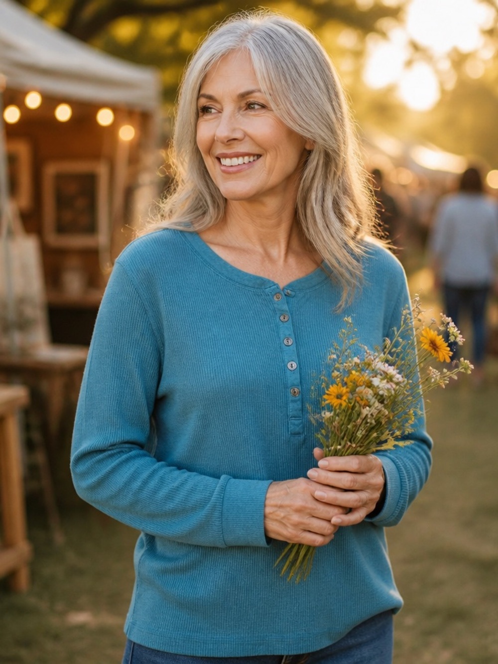 Natural Reflections Waffle Knit Thermal Teal Long Sleeve Henley Top Small